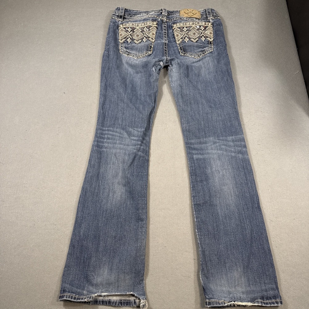 Miss Me 30x32 Mid-Rise Boot Jeans TRIBAL Embellished WHISKERING THICK STITCH - Picture 4 of 11